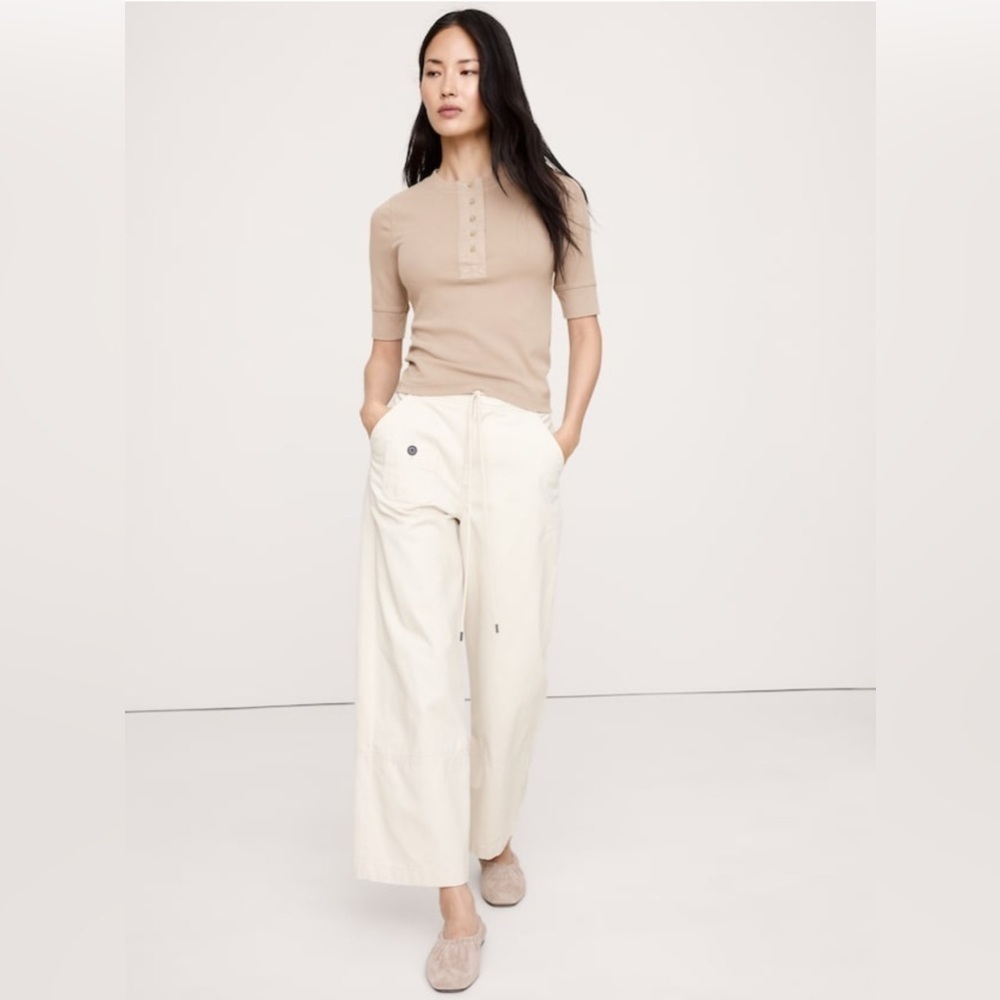 NWT Banana Republic River Bank Beige Henley Ribbed Top Sz S (#824411)